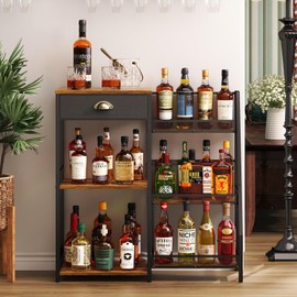 Jakyitvi Liquor Cabinet Bar for Home with Drawer, 3-Tier Wine Rack Freestanding Floor and Wine Shelf with Step Design for Whiskey, Spirits, Vintage Mini Bar for Kitchen Apartment