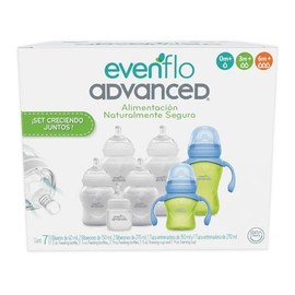 Evenflo Advanced Set Creciendo Juntos, 7 Piezas con Biberones y Tazas Entrenadoras, 60ml a 270ml, Silicón Grado Alimenticio, Sin BPA, Sistema Anti-col