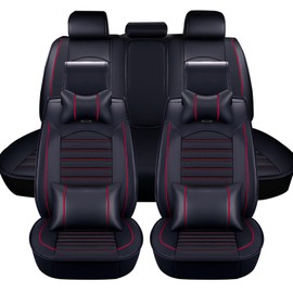 otoez Car Seat Covers Full Set Faux Leather Automotive Seat Covers for Cars Black Car Seat Protector Waterproof and Breathable Universal Fit for Most Cars SUV Pick-up Truck (Black+Red, with Pillows)