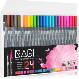 RAGI Brush Pens Set of 24 Watercolour Pens, Felt Tip Pens for Adults and Children, Watercolour Markers, Dual Brush Pen for Colouring Book, Drawing, Calligraphy, Comic