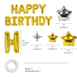 Birthday Decorations for Men Women, Gold Birthday Party Decorations for Women Girls, Gold White Birthday Party Supplies with Happy Birthday Banner, Star Balloons, Foil Fringe Curtain for Boys Girls