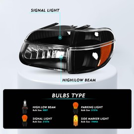 TUSDAR Headlight Assembly Set for 95-01 Ford Explorer / 97 Mercury Mountaineer with Corner Lights 4pcs Driver & Passenger Side (Black Housing with Amber Reflector)