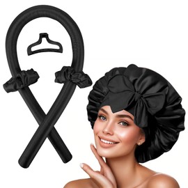 Hroevc Hair Roller & Silk Bonnet Set, Heatless Curls Overnight with Bonnet for Sleeping, No Heat Hair Curls with Satin Bonnet to Sleep in, Heatless Curling Rod & Hair Bonnet Set (Black)