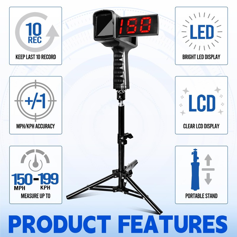 FITPLAY Baseball Radar Gun with Tripod, LED+LCD Large Display,Handheld Or