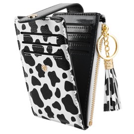 Simikol Slim Card Holder Wallet for Women RFID Blocking Leather Multi Card Bifold Wallet with Tassel Zipper Coin Pocket, Cow, with Tassel, Compact, Modern