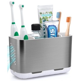 LAFARA Toothbrush Holders for Bathroom Organizer Countertop, Detachable Anti-Slip Large Electric Toothbrush Holders, Brushed Nickel Toothbrush and Toothpaste Storage Caddy Drainage for Family, Kids
