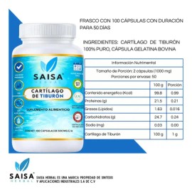 Cartílago De Tiburón  Suplemento Alimenticio 100 Puro  100 Cápsulas De 500 Mg Cu.  Saisa Herbal  Ayuda a huesos, articulaciones, salud ósea           