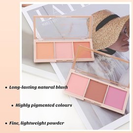 Paleta de Colorete de 3 Colores, Rubor Facial Con Brillo Brillante y Mate, Pincel Incluido, Maquillaje Profesional Para Contorno y Resaltado          