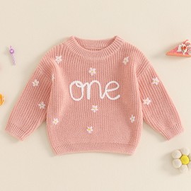 Geagodelia Toddler Baby Girl 1st Birthday Sweater Long Sleeve Knitted Sweatshirt Pullovers Floral Letter Embroidery Knit Jumpers Tops Chunky Knitwear Winter Warm Clothes Outfits (Pink, 12-18 Months)