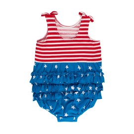 RuffleButts Baby Girls Knit Tie Shoulder Bubble Romper - Stars & Stripes, 12-18m