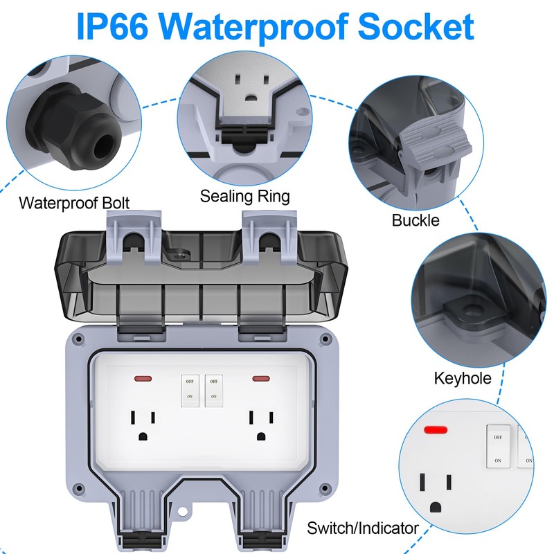 Double Outdoor Outlet with Cover IP66 Waterproof Outdside Plug Socket
