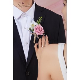 Serwalin 6PCS Pink Rose Boutonniere for Men Wedding Groom Groomsmen Best Man Baby Breath Boutonniere for Wedding Ceremony Anniversary Prom Flowers Formal Dinner Party
