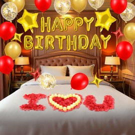Gold Happy Birthday Balloons Decorations Red and Gold Birthday Balloon Letters Banner with 6 Pcs Star Balloons Red Artificial Rose Petals 24 Flameless LED Candles for Room Golden Bday Party Supplies