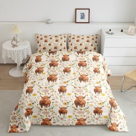 Feelyou Highland Cow Comforter Set for Girls Boys Kids Full Size Animal Comforter Room Decor Western Decor Bedding Set Straw Yellow Duvet Set