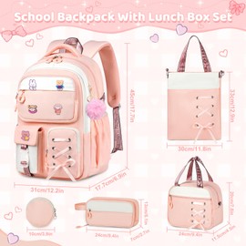 Aomutrsn Girls Backpack with Lunch Box, 5pc Cute Pink/White Bookbag for Kids Teen, Kawaii Aesthetic Elementary School Backpack
