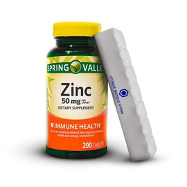 Spring Valley, Zinc 50mg, Zinc Caplets Dietary Supplement, Zinc Supplements, 200 Count + 7 Day Pill Organizer Included