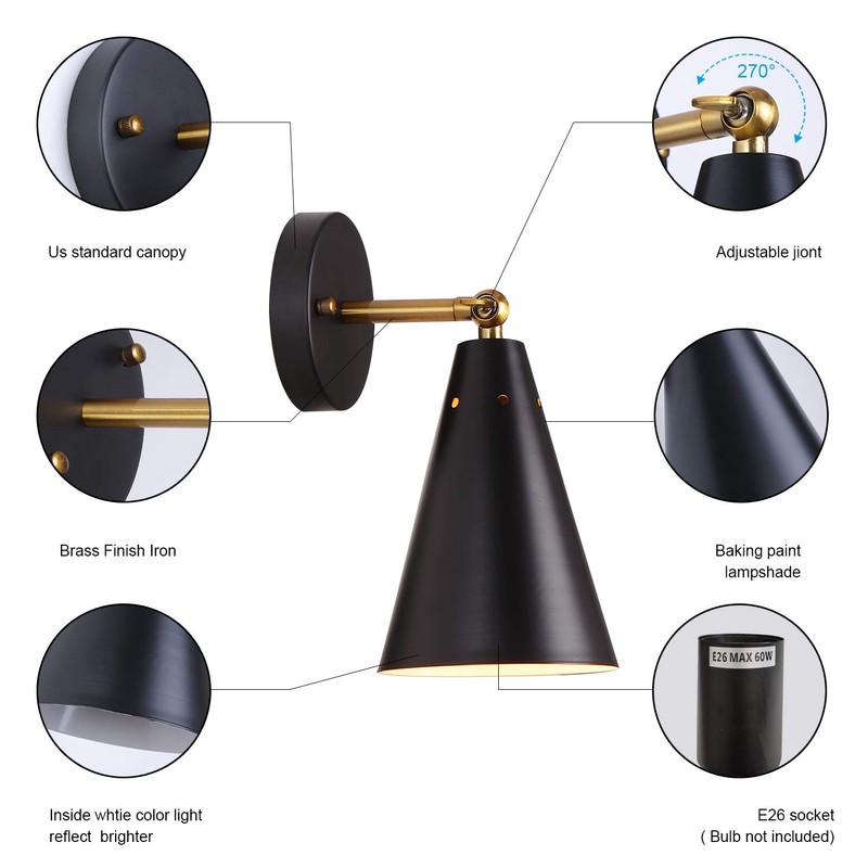MWZ Modern Black Wall Sconces Lighting, 2 Pack Gold Rustic