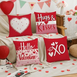 Hugs & Kisses Hello Valentine's Day Pillow Covers 18x18 Inch Set of 4, Red Heart XOXO Striped Decorative Farmhouse Wedding Cushion Cases for Home Decoration