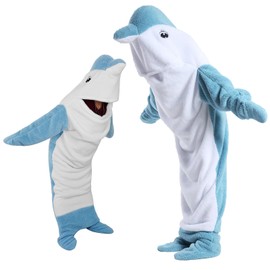 PADTIC Soft Cozy Wearable Blanket Hoodie Onesie, Sleeping Bag for Kids & Adults, Cartoon Dolphin Onesie Costume Cosplay (Blue, 59-67 Inches)