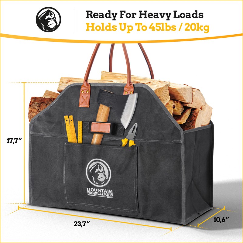 MOUNTAIN GRILLERS Heavy Duty Canvas Firewood Carrier - Features Reinforced