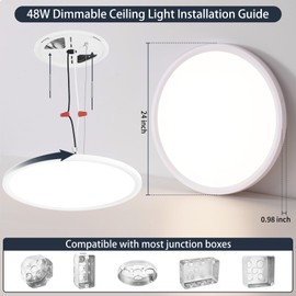 24 Inch LED Flush Mount Ceiling Light - 48W 4800LM Dimmable LED Ceiling Fixture, 3000K/4500K/6000K Adjustable Light Fixture Ceiling Mount, Dimmable LED Flat Panel Light Fixture for Bathroom, White