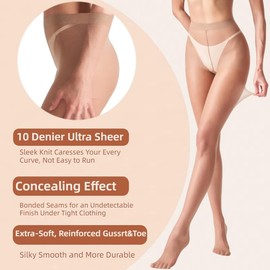 leg elegant 5 Pairs 10D Women's Sheer Tights Ultra Sheer Pantyhose with Control Top, Nude, X-Large