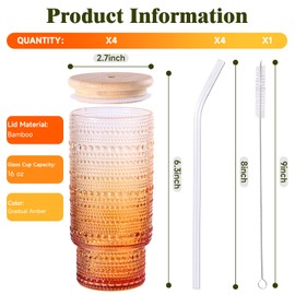 Cowjut 4pcs Glass Cups with Lids and Straws, 16 oz Hobnail Drinking Glasses Set, Vintage Glassware Tumbler for Iced Coffee Matcha Smoothie Bar Accessories, Gradual Amber