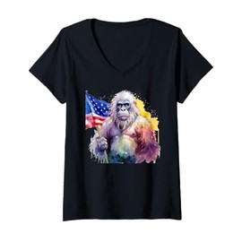 Womens Bigfoot Watercolor Artwork American Flag 4th Of July Art USA V-Neck T-Shirt