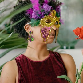 Madison Tyler Mardi Gras Dangle Earrings for Women | Fun Purple Green Gold Feather Mask Earrings | Carnival Parade Party Jewelry Gifts
