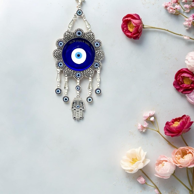 Blue Evil Eye with Hamsa Hand Protection Hanging Ornament (With