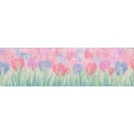CONCORD WALLCOVERINGS ™ Prepasted Floral Style Wallpaper Border Featuring Watercolor Tulips Painting, Colors Pink Blue Green, Size 7 Inch by 15 Ft CT78172