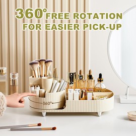 BULLA Makeup Organiser, 360 Rotating Makeup Organiser, Rotating Compartment 2 In 1 Cosmetic Storage, Makeup Organizer Storage Is Perfect for Dresser, Bathroom, Bedroom (Milky White)