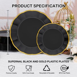 60pcs Black and Gold Plastic Plates for Party and Birthday Fancy Disposable Plates Heavy Duty Scalloped Plate Wedding Disposable Dinnerware Included 30 Dessert & Dinner Plate,Service for 30 Guests