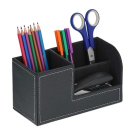 Relaxdays Desk Organiser, Pen Holder with 3 Compartments, Faux Leather, H11 x D20 x 9.5 cm, Office Organiser, Black