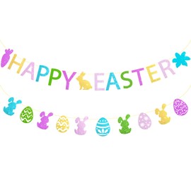 Heliltd 2Pcs Colorful Happy Easter Banner Glitter Bunny and Easter Eggs Garland No Diy Easter Party Decorations Spring Easter Banner for Mantle Home Wall Decor