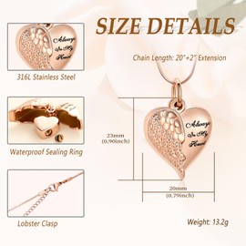 Minicremation Heart Urn Necklace Pendants for Ashes Angel Wings Cremation Jewelry for Women Men Keepsake Memorial Ash Jewelry Always in my Mind Forever in my Heart