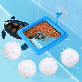 Square Turtle Feeding Ring with Suction Cup, Include 4pcs Nitrifying Balls Fish Feeder Tortoise Accessories for Tank Floating Tortoise Ball Toy to Maintain Water Quality Feeding Ring for Turtle Guppy