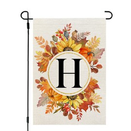 CROWNED BEAUTY Fall Monogram Letter H Garden Flag Sunflower Pumpkin Leaves 12x18 Inch Double Sided Outside Small Burlap Family Last Name Initial Yard Decoration CF987-12