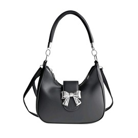 Women's Hobo Shoulder Bag with Silver Bow Accent, PU Leather, Adjustable Crossbody Strap (Black)