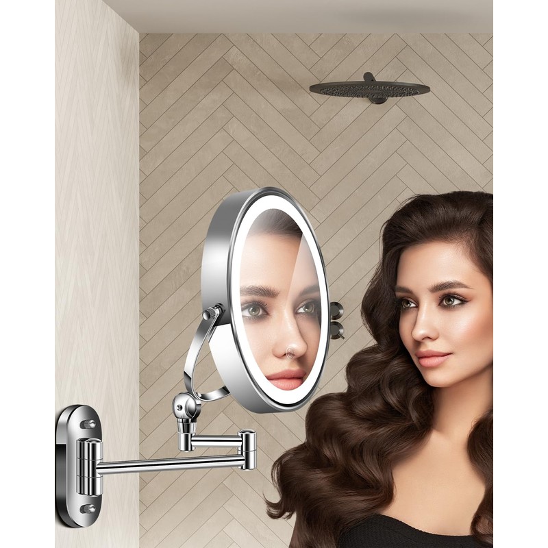 30X/1X Wall Mounted Lighted Makeup Mirror, 9'' Height Adjustable Double