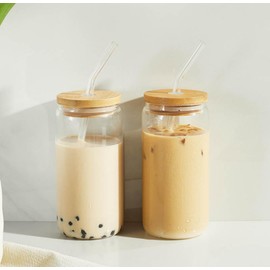 Yummee 16oz Glass Cup with Straw and Brush, Leakproof Reusable Glass Coffee Cup with Lids for Iced Tea, Latte, Cocktail, Milkshake, Water, Juice (Clear)