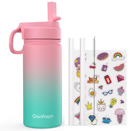 Kids Water Bottle, 16oz Kids Water Bottle with Stickers and straw, Water Bottle for School(Pink/Green) V1