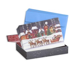 Masterpiece Santa And Sleigh Christmas Cards / 16 Boxed Winter Holiday Card Set With Coordinating Blue Envelopes / 5 5/8" x 7 7/8" Folded Reindeer Greeting Cards With Inside Verse