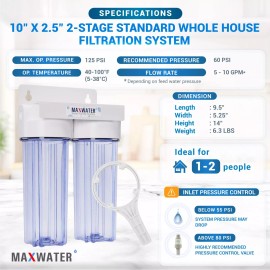 Max Water Two Stage Whole House Water Filter System 10"x 2.5", 3/4" Port, WITHOUT Filters