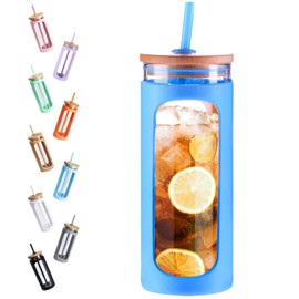 Kodrine 20oz Glass Tumbler with Straw and Lid, Iced Coffee Cups with Bamboo Lids, Glass Cups for Cold Drinks, Smoothie Cup with Silicone Sleeve for Travel, Work, BPA FREE-SkyBlue