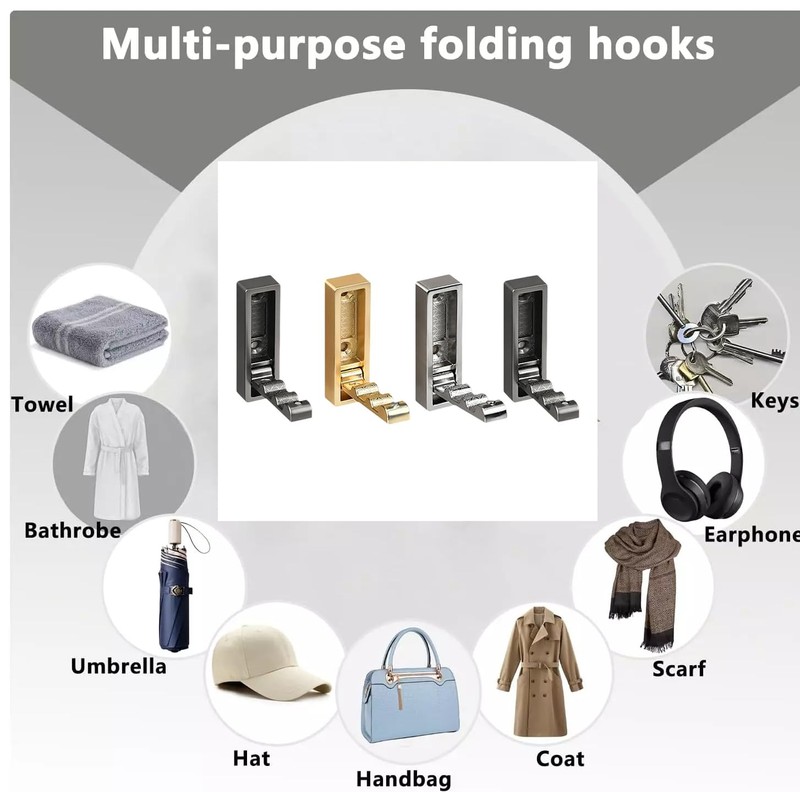 LALOCAPEYO 4-Pack Foldable Heavy-Duty Zinc Alloy Wall Hooks, Space-Saving Retractable