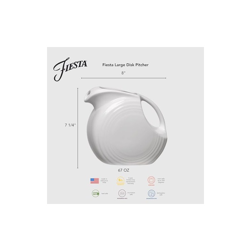Fiesta® Large Disk Pitcher 67.25 oz – Durable Ceramic, Lead-Safe,