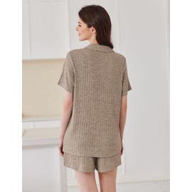 Ekouaer Pajamas 2 Piece Lounge Sets Ribbed Knit Sleepwear Button Down Loungewear Shorts pjs Summer Outfit,Kahki,L
