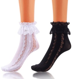 Miaband Ruffle Socks Frilly Socks Cute Sheer Socks Black white Ankle Socks for Women 2 Pairs