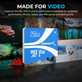 SABRENT Rocket V60 microSDXC Memory Card | 256GB, V60 Specification, 8K Video, A1, UHS-II Compatible (SD-MT60-256GB)